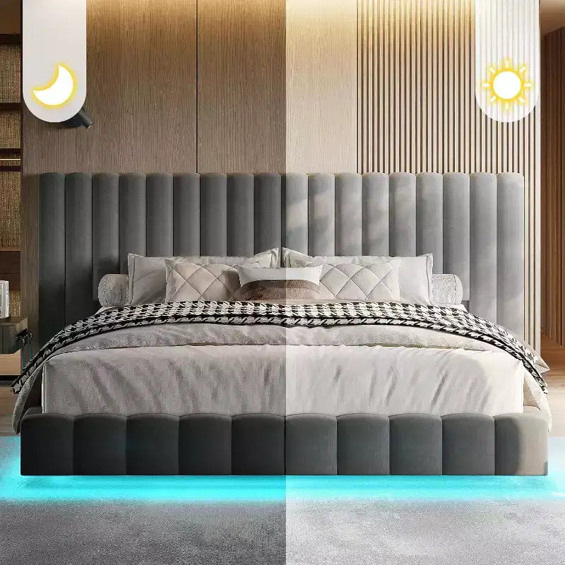 Lit plate-forme rembourré AMERLIFE avec lumières LED, design flottant, support à lattes solides