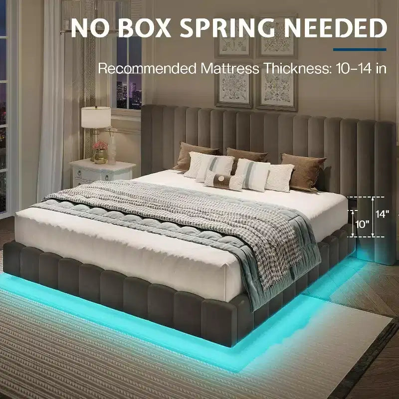Lit plate-forme rembourré AMERLIFE avec lumières LED, design flottant, support à lattes solides