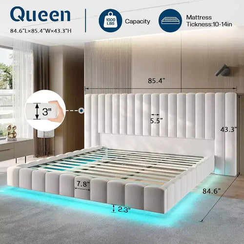 Lit plate-forme rembourré AMERLIFE avec lumières LED, design flottant, support à lattes solides