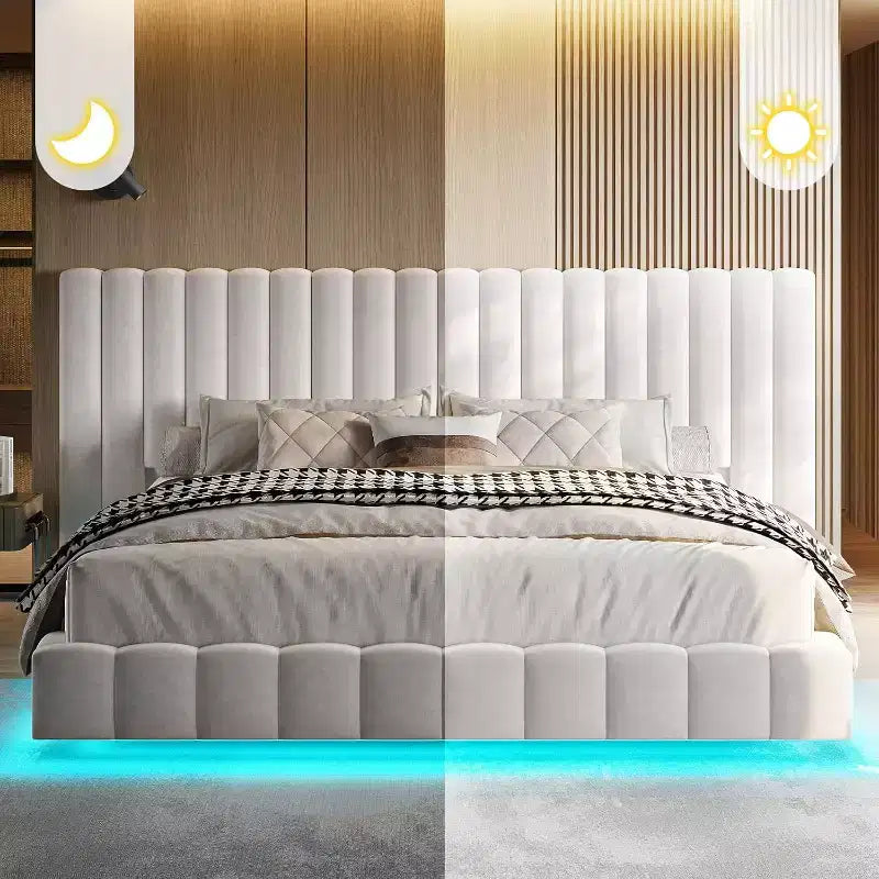 Lit plate-forme rembourré AMERLIFE avec lumières LED, design flottant, support à lattes solides