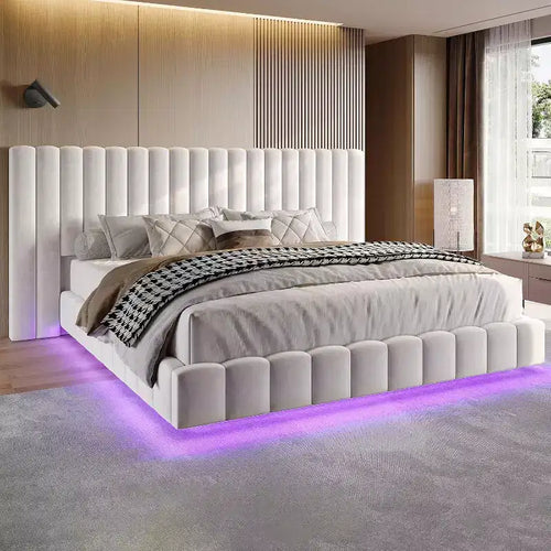 AMERLIFE Upholstered Platform Bed with LED Lights, Floating Design, Solid Slat Support