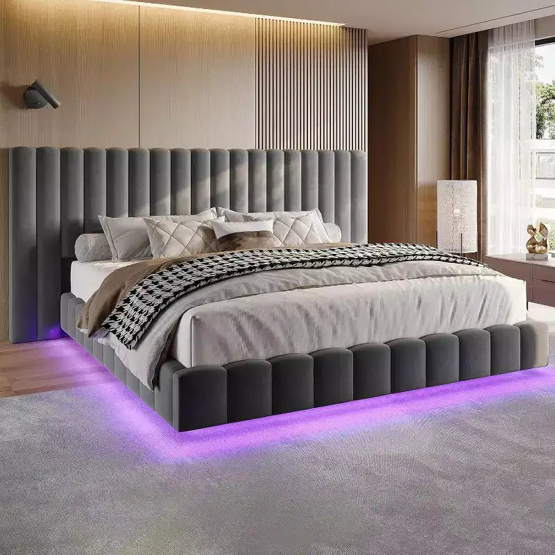 Lit plate-forme rembourré AMERLIFE avec lumières LED, design flottant, support à lattes solides