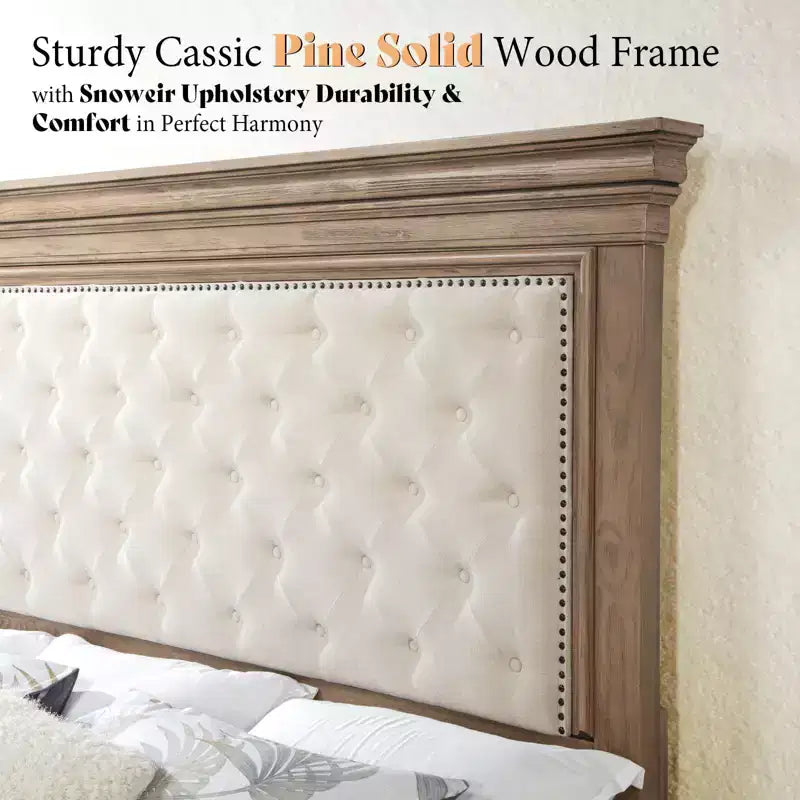 AMERLIFE Lit 68,1 po avec tête de lit capitonnée, lit plateforme de style ferme, chêne clair