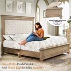AMERLIFE Lit 68,1 po avec tête de lit capitonnée, lit plateforme de style ferme, chêne clair