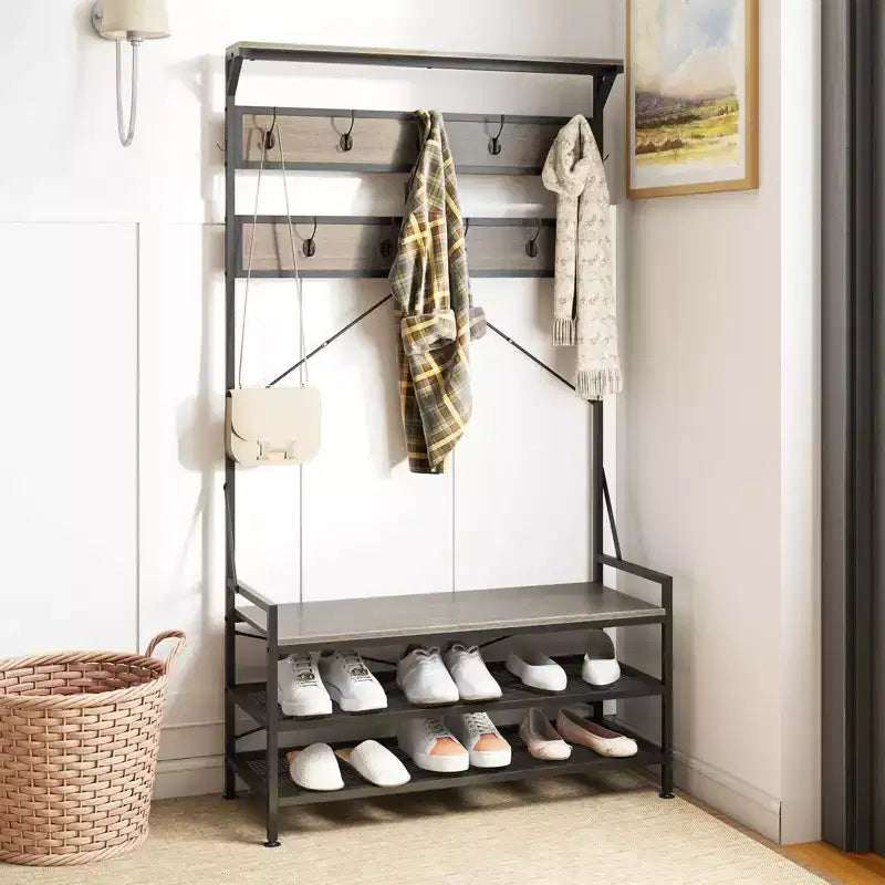 Portemanteau Costway 4-en-1 Hall Tree avec 11 crochets, banc à chaussures, étagère à chaussures à 2 niveaux Gris/Marron