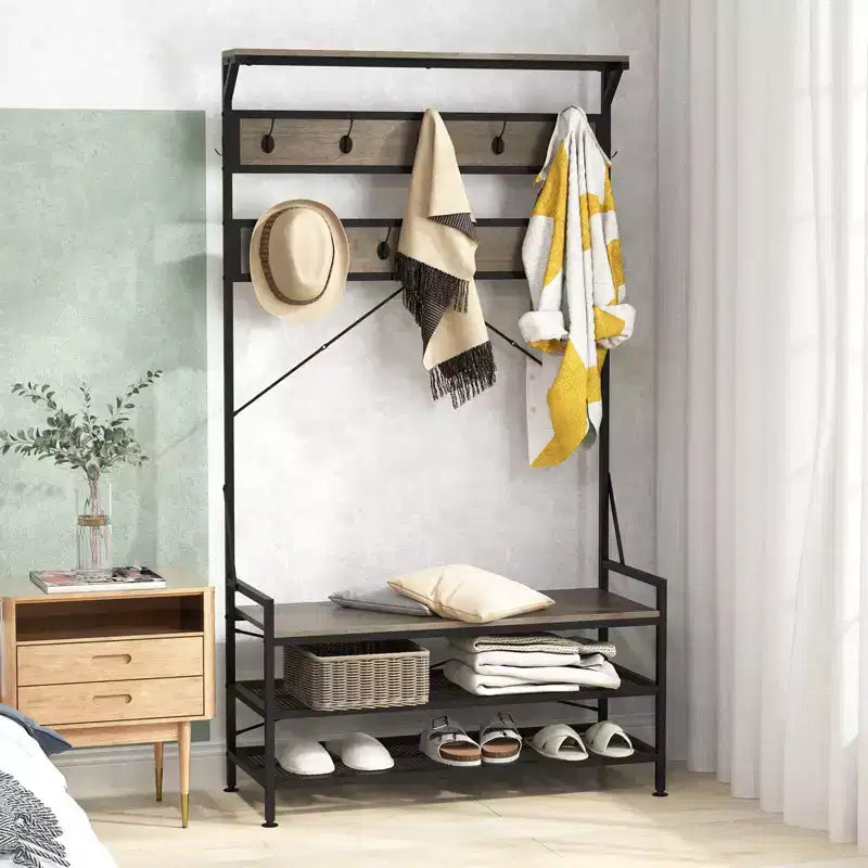 Portemanteau Costway 4-en-1 Hall Tree avec 11 crochets, banc à chaussures, étagère à chaussures à 2 niveaux Gris/Marron