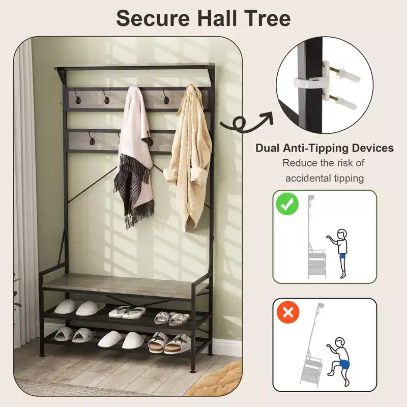 Portemanteau Costway 4-en-1 Hall Tree avec 11 crochets, banc à chaussures, étagère à chaussures à 2 niveaux Gris/Marron