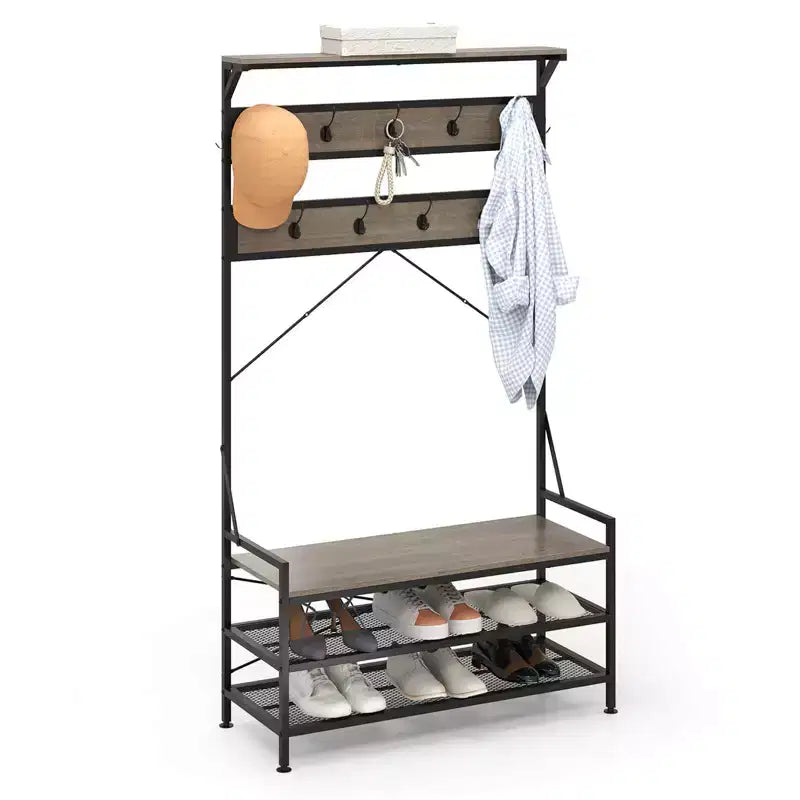 Portemanteau Costway 4-en-1 Hall Tree avec 11 crochets, banc à chaussures, étagère à chaussures à 2 niveaux Gris/Marron