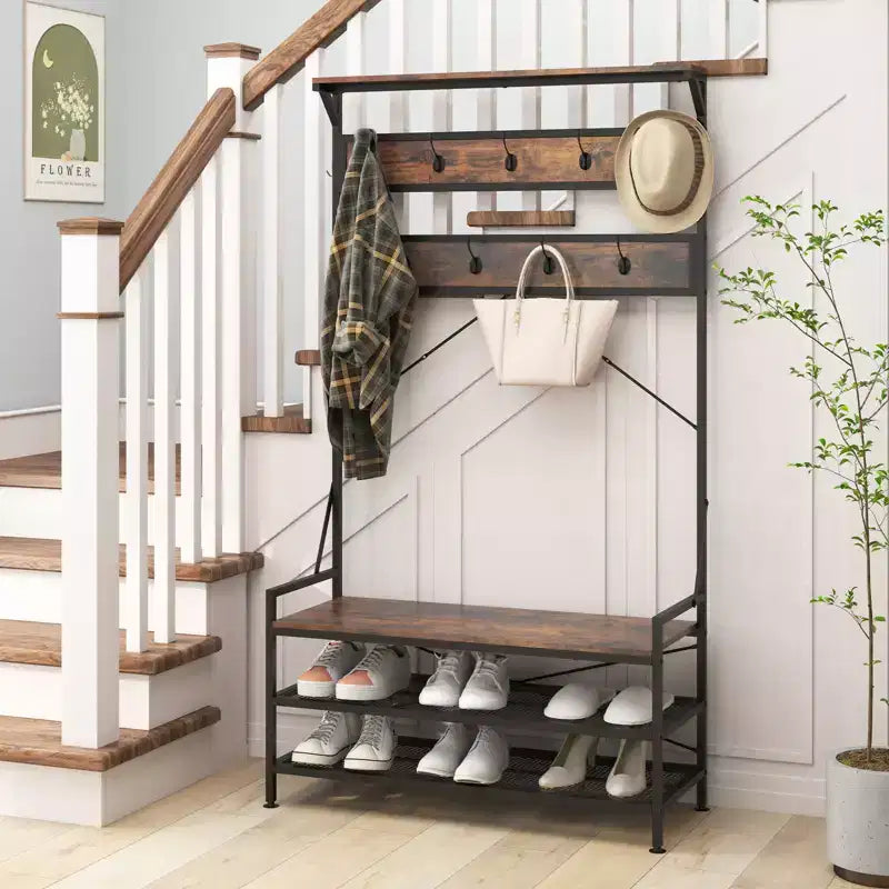 Portemanteau Costway 4-en-1 Hall Tree avec 11 crochets, banc à chaussures, étagère à chaussures à 2 niveaux Gris/Marron