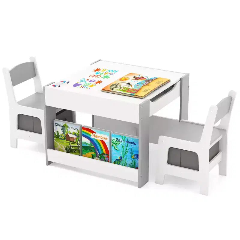 Costway Ensemble table et chaises 4-en-1 pour enfants Table d'activités en bois pour tout-petits avec étagères latérales Beige/Gris