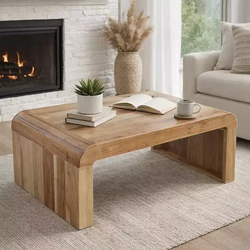 Table basse Royal Hampton, fabriquée à la main en bois d'acacia naturel, plateau rectangulaire incurvé en cascade, 91 cm
