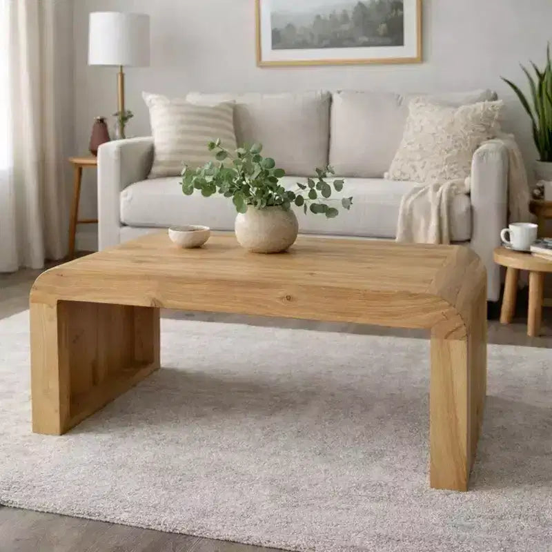 Table basse Royal Hampton, fabriquée à la main en bois d'acacia naturel, plateau rectangulaire incurvé en cascade, 91 cm