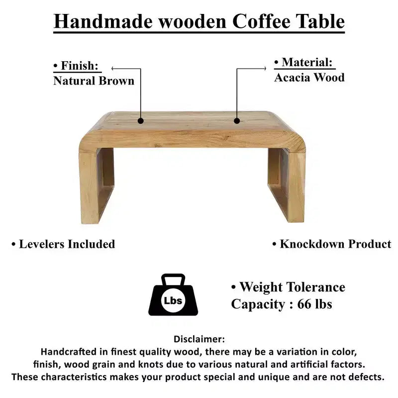 Table basse Royal Hampton, fabriquée à la main en bois d'acacia naturel, plateau rectangulaire incurvé en cascade, 91 cm