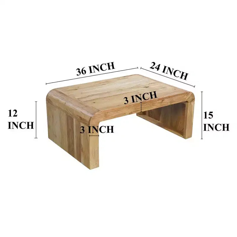 Table basse Royal Hampton, fabriquée à la main en bois d'acacia naturel, plateau rectangulaire incurvé en cascade, 91 cm