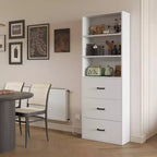 Vitrine d'exposition blanche Karl Home avec 3 étagères, 3 tiroirs, 2 ports USB, 2 prises de courant, 180 cm de haut.