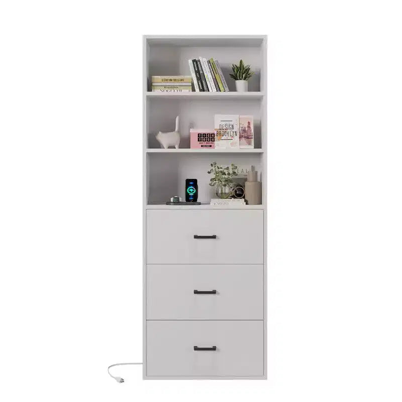 Vitrine d'exposition blanche Karl Home avec 3 étagères, 3 tiroirs, 2 ports USB, 2 prises de courant, 180 cm de haut.