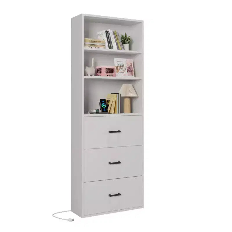 Vitrine d'exposition blanche Karl Home avec 3 étagères, 3 tiroirs, 2 ports USB, 2 prises de courant, 180 cm de haut.