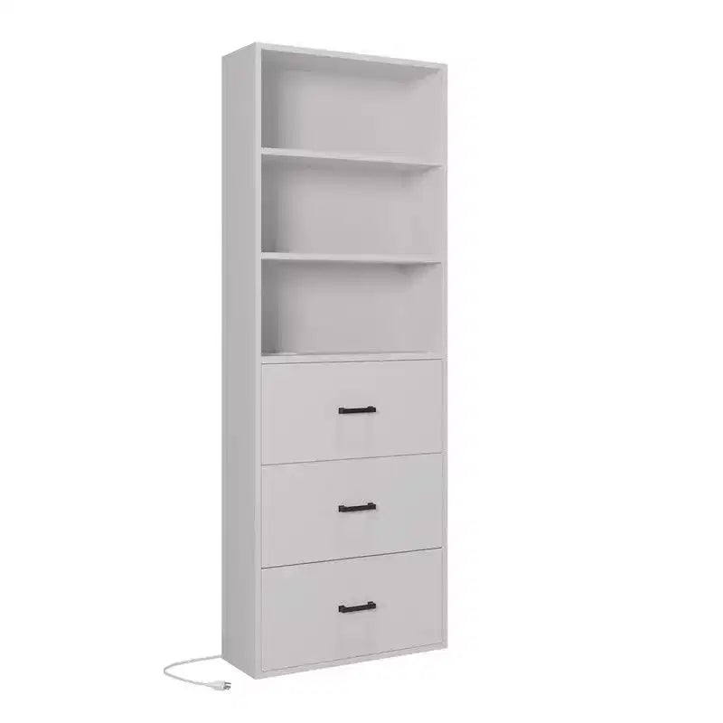 Vitrine d'exposition blanche Karl Home avec 3 étagères, 3 tiroirs, 2 ports USB, 2 prises de courant, 180 cm de haut.