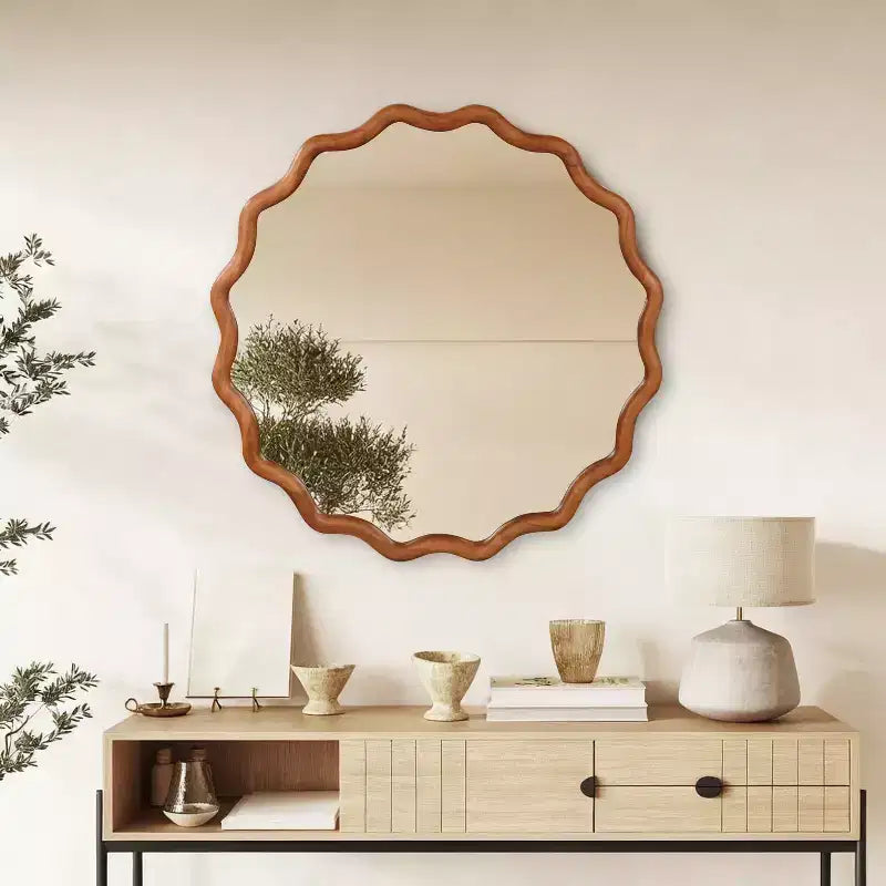 MAYEERTY Miroir Rond Ondulé de 91 cm, Cadre en Bois Massif, Miroir Décoratif pour Chambre à Coucher, Salle de Bain, Salon, Marron