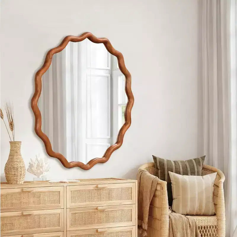 MAYEERTY Miroir Rond Ondulé de 91 cm, Cadre en Bois Massif, Miroir Décoratif pour Chambre à Coucher, Salle de Bain, Salon, Marron