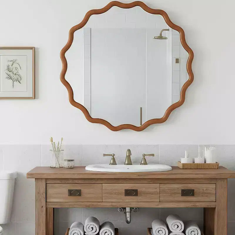 MAYEERTY Miroir Rond Ondulé de 91 cm, Cadre en Bois Massif, Miroir Décoratif pour Chambre à Coucher, Salle de Bain, Salon, Marron