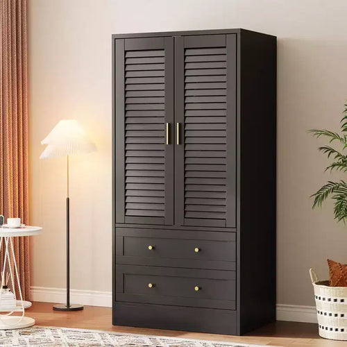 Armoire de chambre de 165 cm avec 2 portes à persiennes et 2 tiroirs, avec tringle à vêtements, grande capacité de rangement, en bois, autoportante