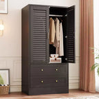 Armoire de chambre de 165 cm avec 2 portes à persiennes et 2 tiroirs, avec tringle à vêtements, grande capacité de rangement, en bois, autoportante