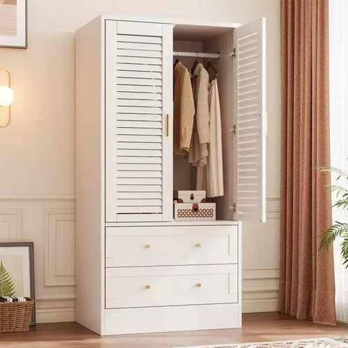 65 Wardrobe Armoire Closet with 2 Shutter Doors and 2 Drawers, Bedroom Armoire with Hanging Rod, Large Capacity Storage Freestanding Wooden