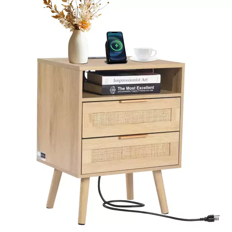 VEVOR Rattan Nightstand, Boho Bedside Table with Open Shelf 2 Drawers, Rattan End Table Nightstand with Solid Wood Legs, Natural