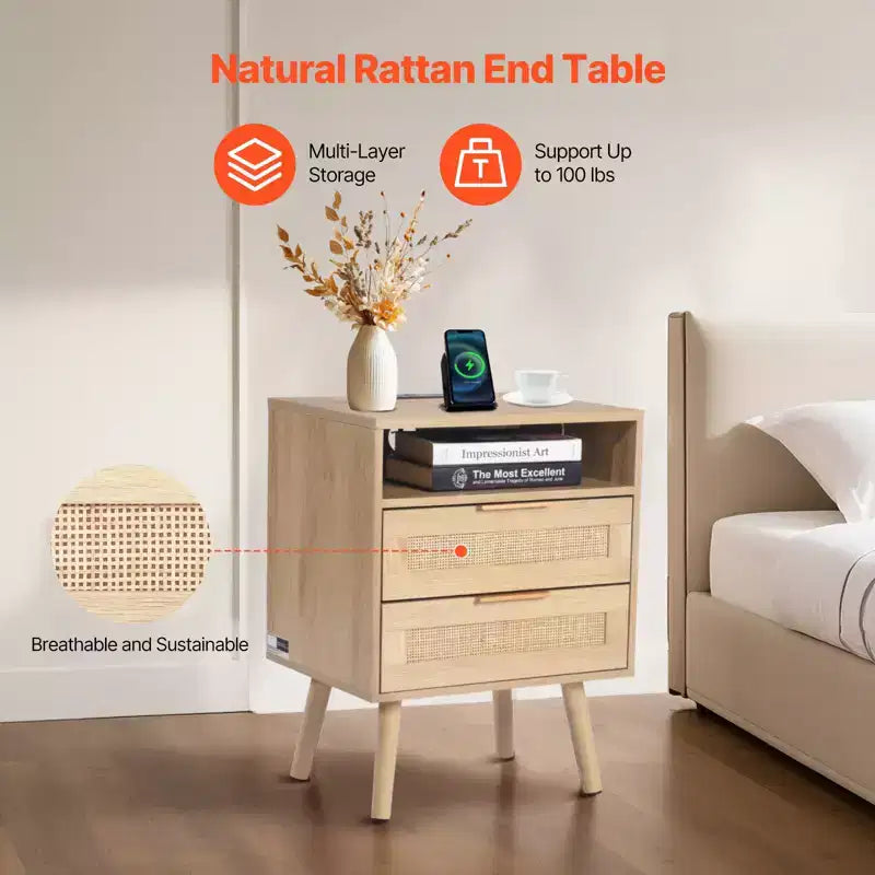 Table de chevet en rotin VEVOR, Table de chevet bohème avec étagère ouverte et 2 tiroirs, Table de chevet d'appoint en rotin avec pieds en bois massif, Naturel