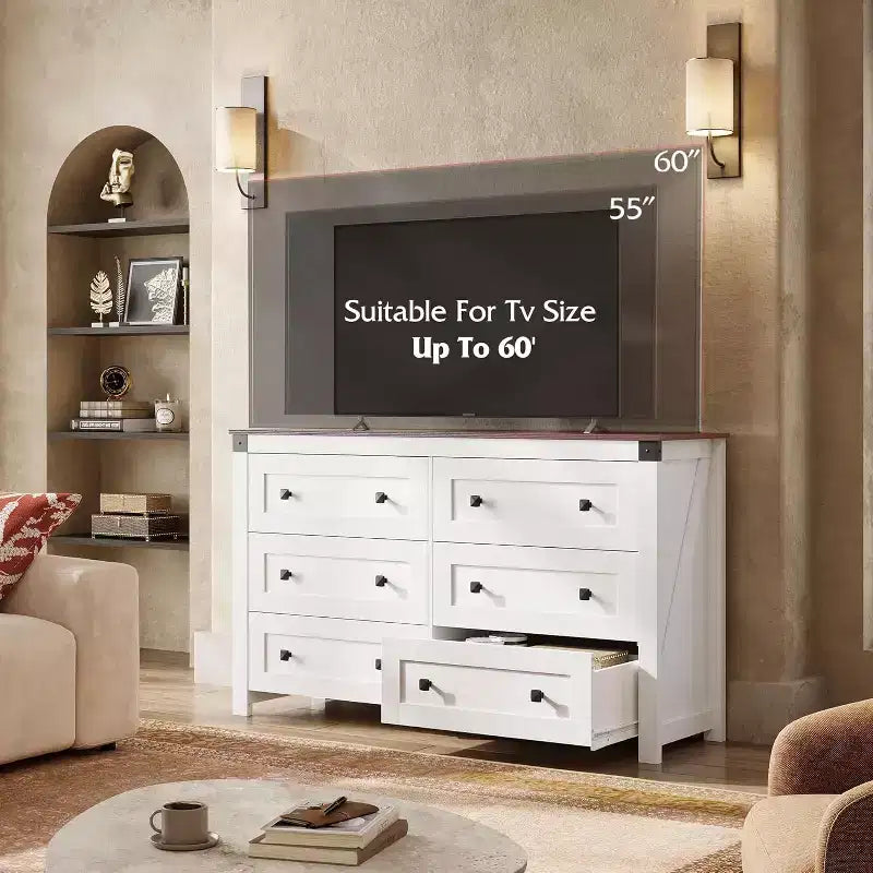 Commode en bois à 6 tiroirs GALAXHERO Farmhouse, organiseur de rangement de 134,8 cm de large avec double poignée rustique Meuble TV pour téléviseur de 60 pouces