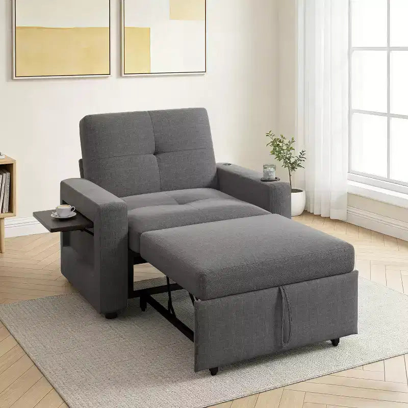 Canapé-lit 3-en-1 Dyonery, fauteuil convertible de 108 cm de large avec lit gigogne et tablette rabattable, porte-gobelet, dossier réglable, poches latérales