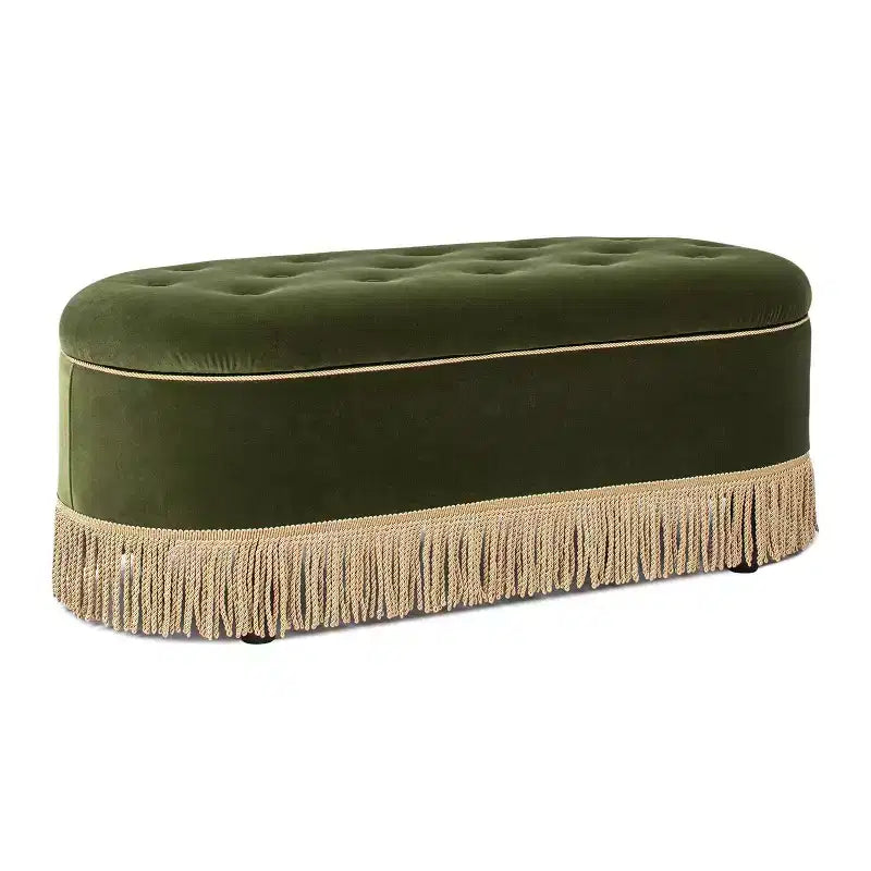 Banc de rangement ottoman ovale Okak Vintage avec couvercle relevable, revêtement en velours capitonné et franges, pour chambre à coucher ou entrée