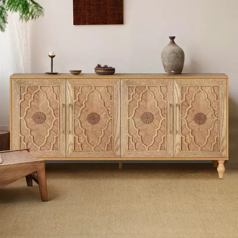 Meuble de rangement GDFStudio Mid Century Modern 62.99'' avec portes sculptées motif floral et étagères réglables