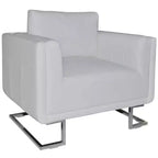 vidaXL Scandinavian-Modern Cube Armchair, White Leather Upholstered, Solid Wooden Frame with Chrome Feet - White