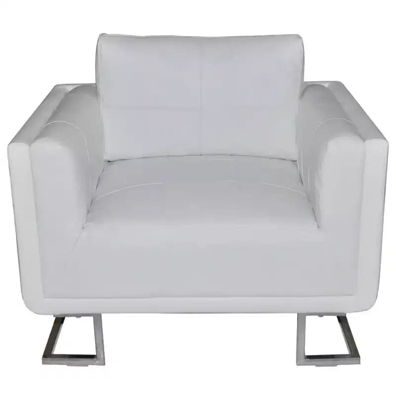 vidaXL Fauteuil cube scandinave-moderne, revêtement cuir blanc, cadre en bois massif avec pieds chromés - Blanc