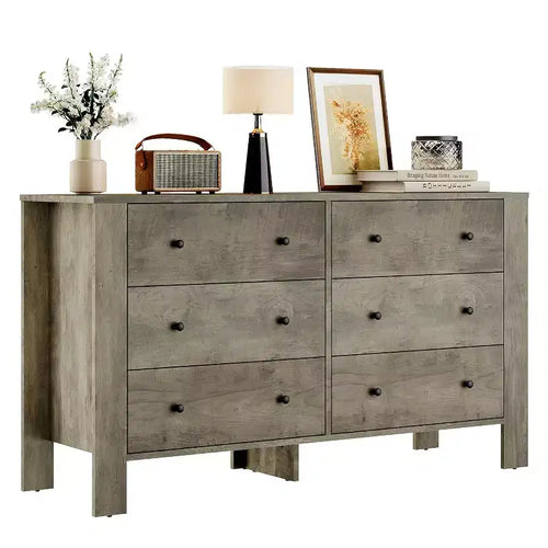 6 Drawer Dresser for Bedroom, Modern Double Dresser Organizer with Storage Drawers, Wooden Chests