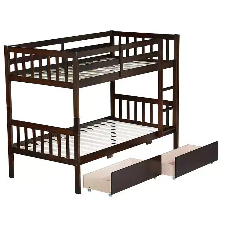 Okak Lit superposé jumeau sur jumeau en bois d'hévéa avec tiroirs Lit superposé mezzanine avec échelle et garde-corps de sécurité pour adolescents, convertible en 2 lits jumeaux