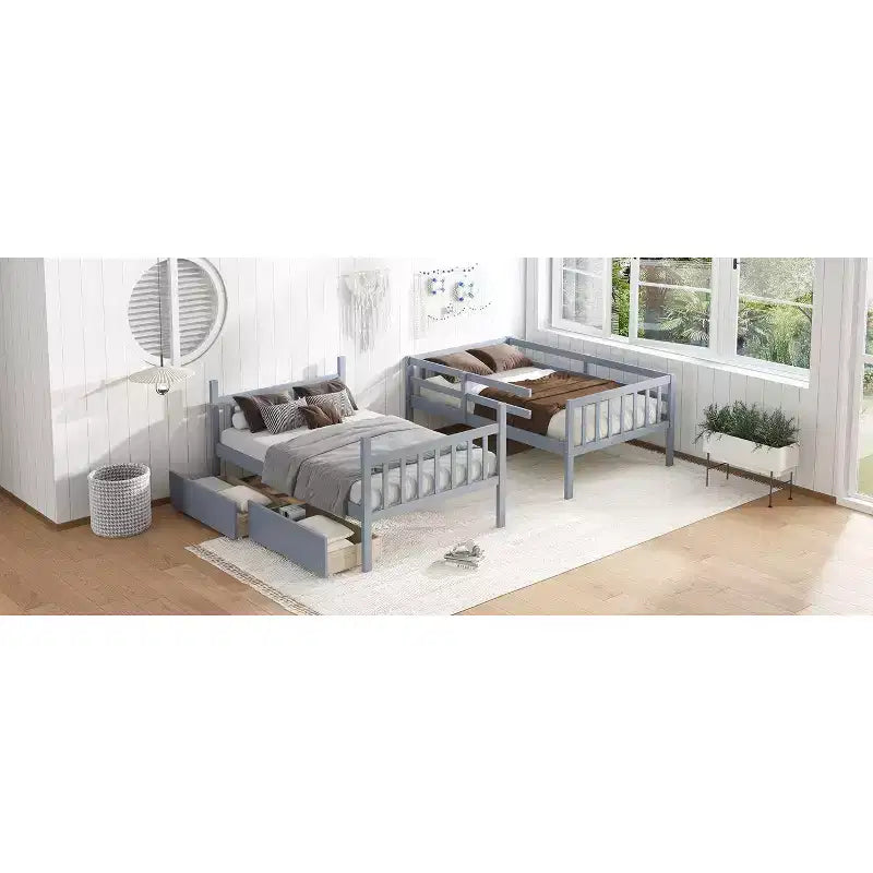 Okak Lit superposé jumeau sur jumeau en bois d'hévéa avec tiroirs Lit superposé mezzanine avec échelle et garde-corps de sécurité pour adolescents, convertible en 2 lits jumeaux