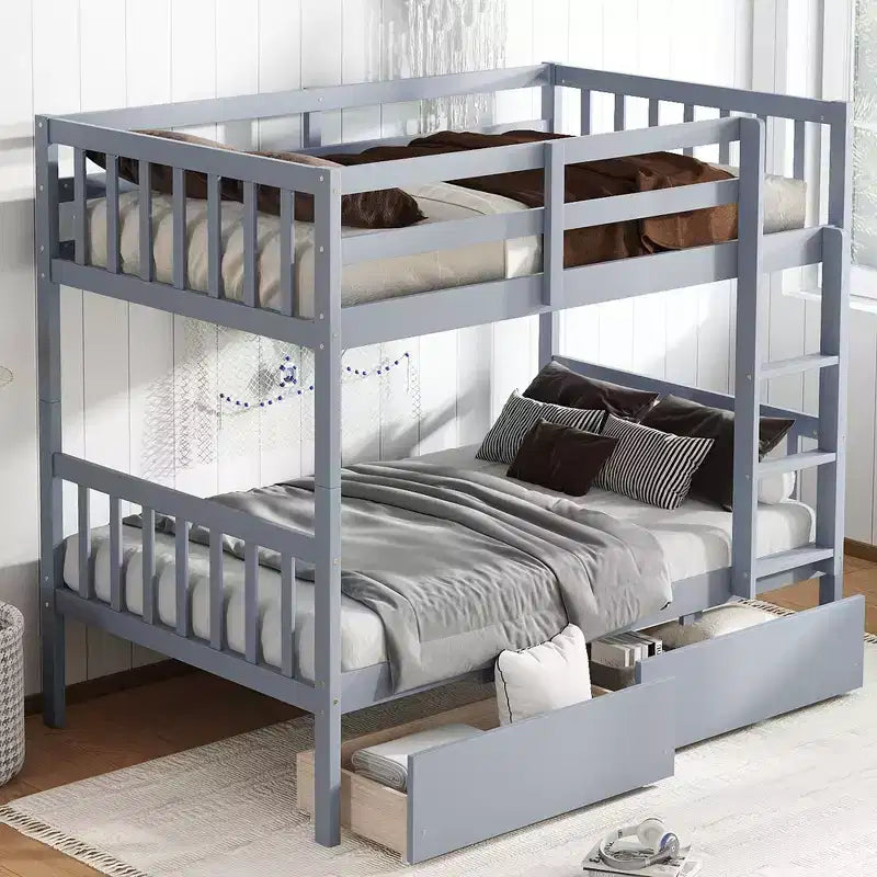 Okak Twin Over Twin Rubber Wood Bunk Bed with Drawers Loft Bunk Bed with Ladder & Safety Guardrail for Teens, Convertible into 2 Twin Beds