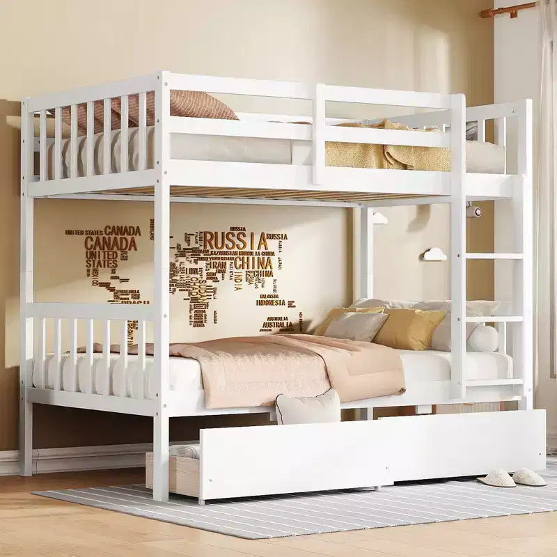 Okak Lit superposé jumeau sur jumeau en bois d'hévéa avec tiroirs Lit superposé mezzanine avec échelle et garde-corps de sécurité pour adolescents, convertible en 2 lits jumeaux