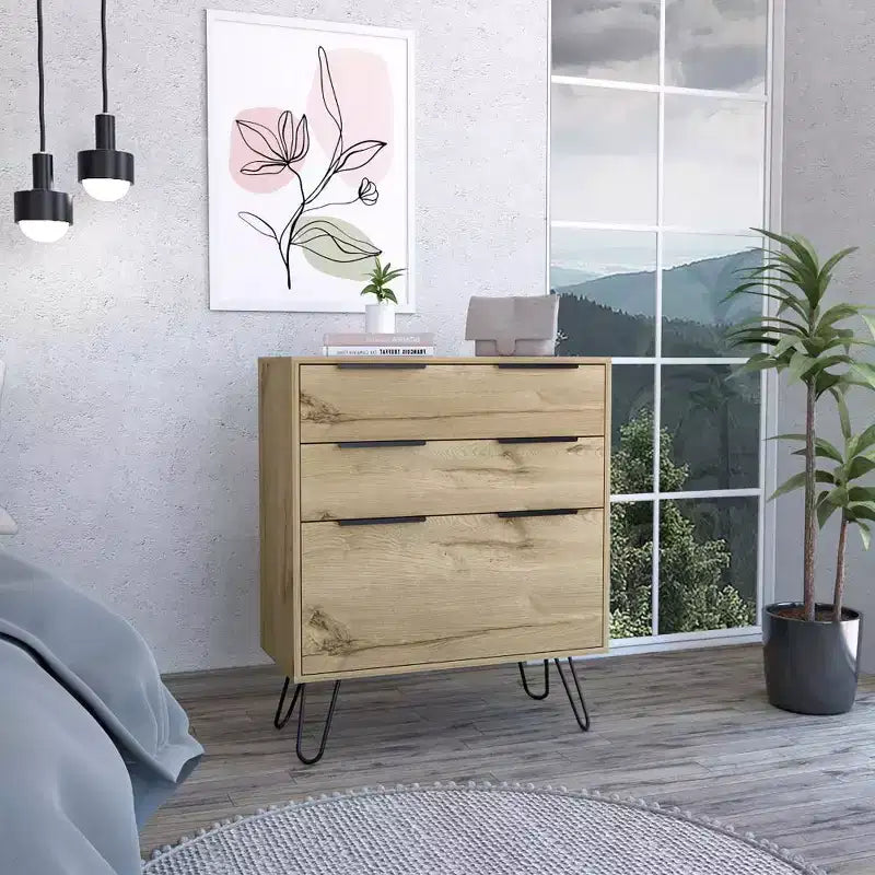 Commode de chambre à 3 tiroirs Okak Modern Design avec pieds épingle en métal, armoire de rangement en bois, commode pour chambre à coucher, entrée