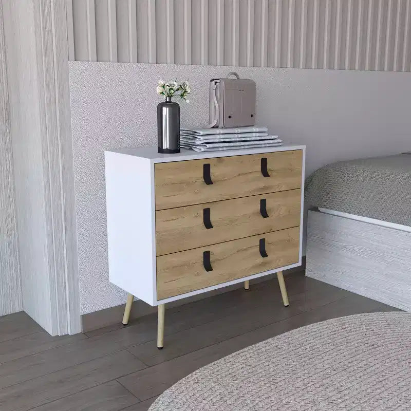 Commode de chambre à 3 tiroirs Okak Modern Design avec pieds épingle en métal, armoire de rangement en bois, commode pour chambre à coucher, entrée