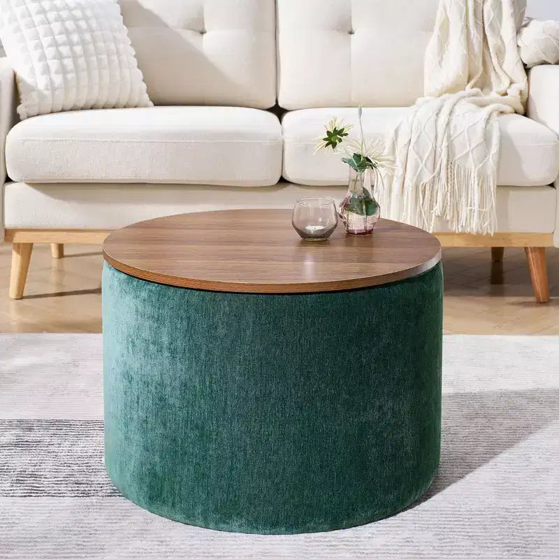 Okak Pouf de rangement rond en chenille 2 pièces, table basse avec panneau de bureau, petit tabouret repose-pieds en forme de tambour pour salon et chambre