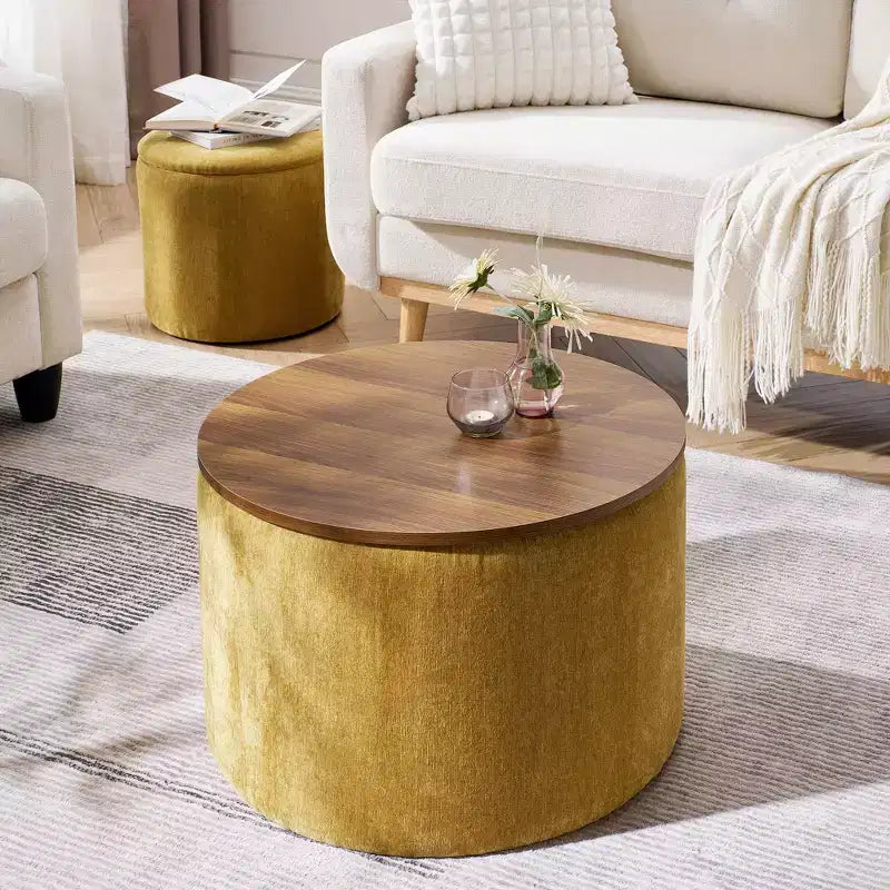 Okak Pouf de rangement rond en chenille 2 pièces, table basse avec panneau de bureau, petit tabouret repose-pieds en forme de tambour pour salon et chambre