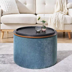 Okak Pouf de rangement rond en chenille 2 pièces, table basse avec panneau de bureau, petit tabouret repose-pieds en forme de tambour pour salon et chambre