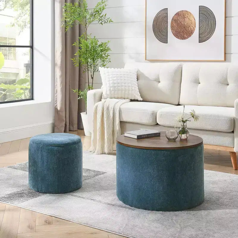 Okak Pouf de rangement rond en chenille 2 pièces, table basse avec panneau de bureau, petit tabouret repose-pieds en forme de tambour pour salon et chambre
