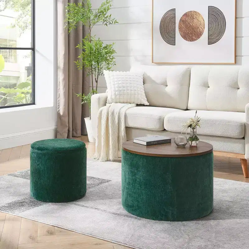 Okak Pouf de rangement rond en chenille 2 pièces, table basse avec panneau de bureau, petit tabouret repose-pieds en forme de tambour pour salon et chambre