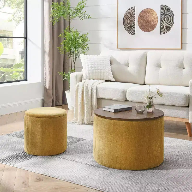 Okak Round Chenille Storage Ottoman Bench 2PC, Coffee Table with Desktop Panel, Drum Shaped Small Stool Foot Rest for Living Room Bedroom