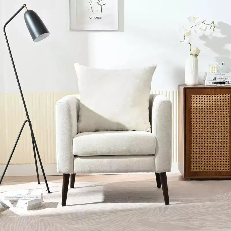 Fauteuil d'appoint en tissu Okak, chaise de lecture pour salon avec revêtement doux et oreiller, fauteuil avec pieds en bois massif pour salon ou chambre à coucher.
